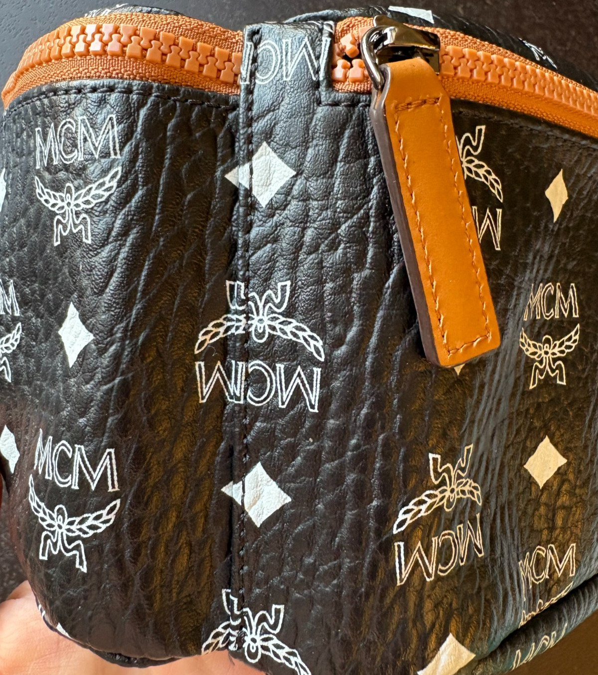 MCM Visetos 3 Pocket Belt Bag Black Cognac Sling Waist Pack Crossbody