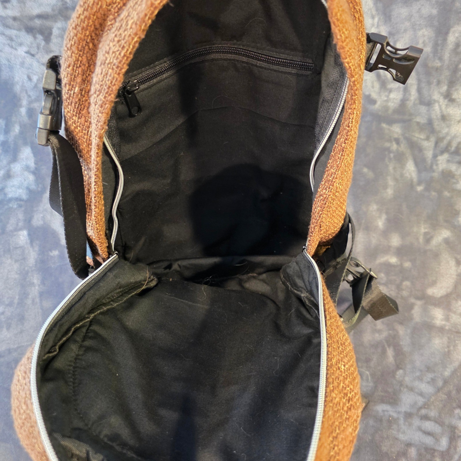 Dime Bags Hemp Backpack Brown Woven Canvas Green Stitching Padded Straps 19×14