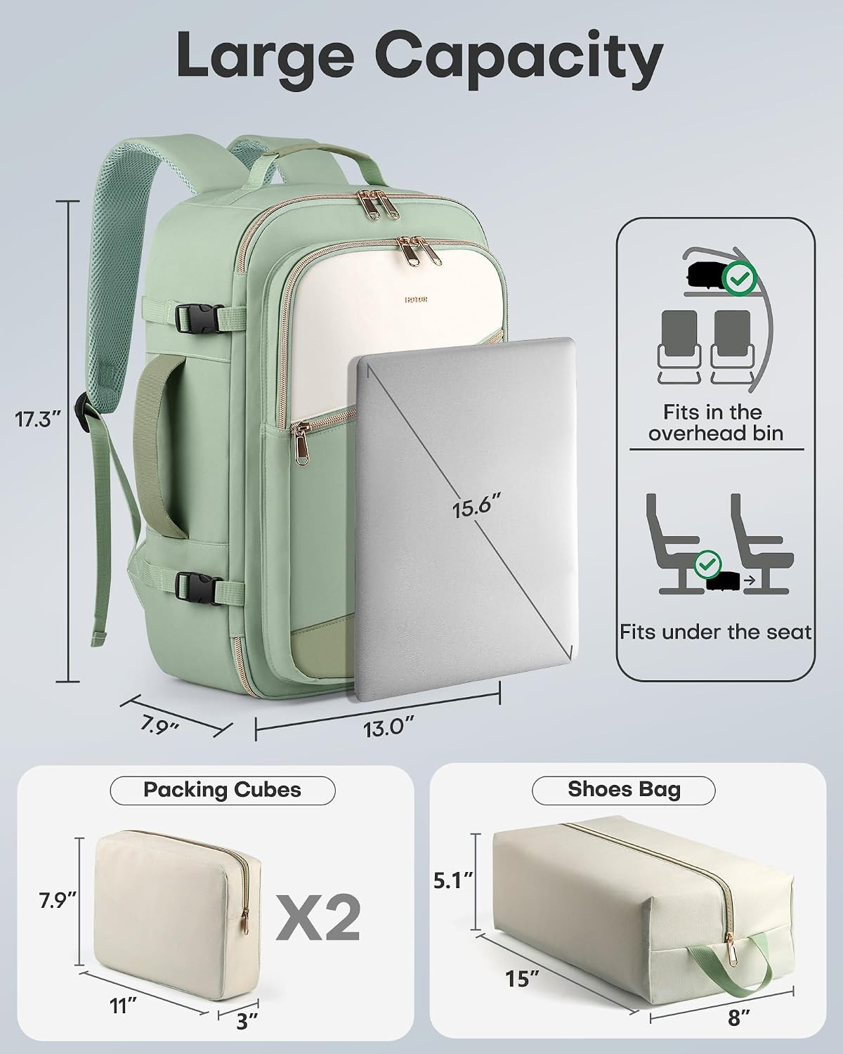 Women’s TSA-Friendly Travel Backpack with Packing Cubes, Water-Resistant, Green