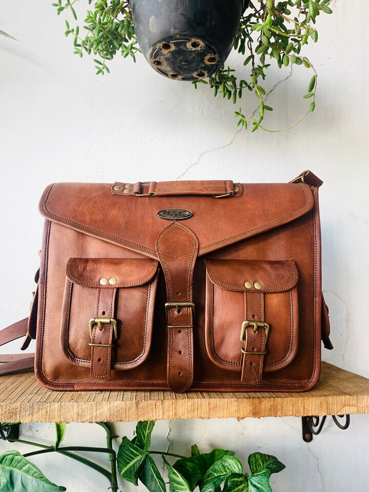 18” Handmade World Brown Leather Messenger Briefcase Office Free Bag [9 inch]
