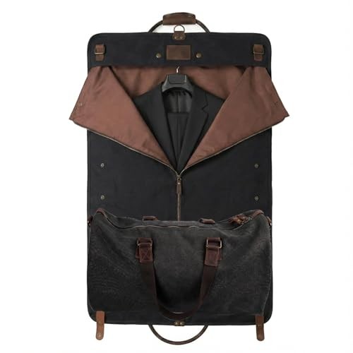 2 in 1 Waxed Canvas Leather Suit Luggage Garment Bag with Shoulder Strap Black