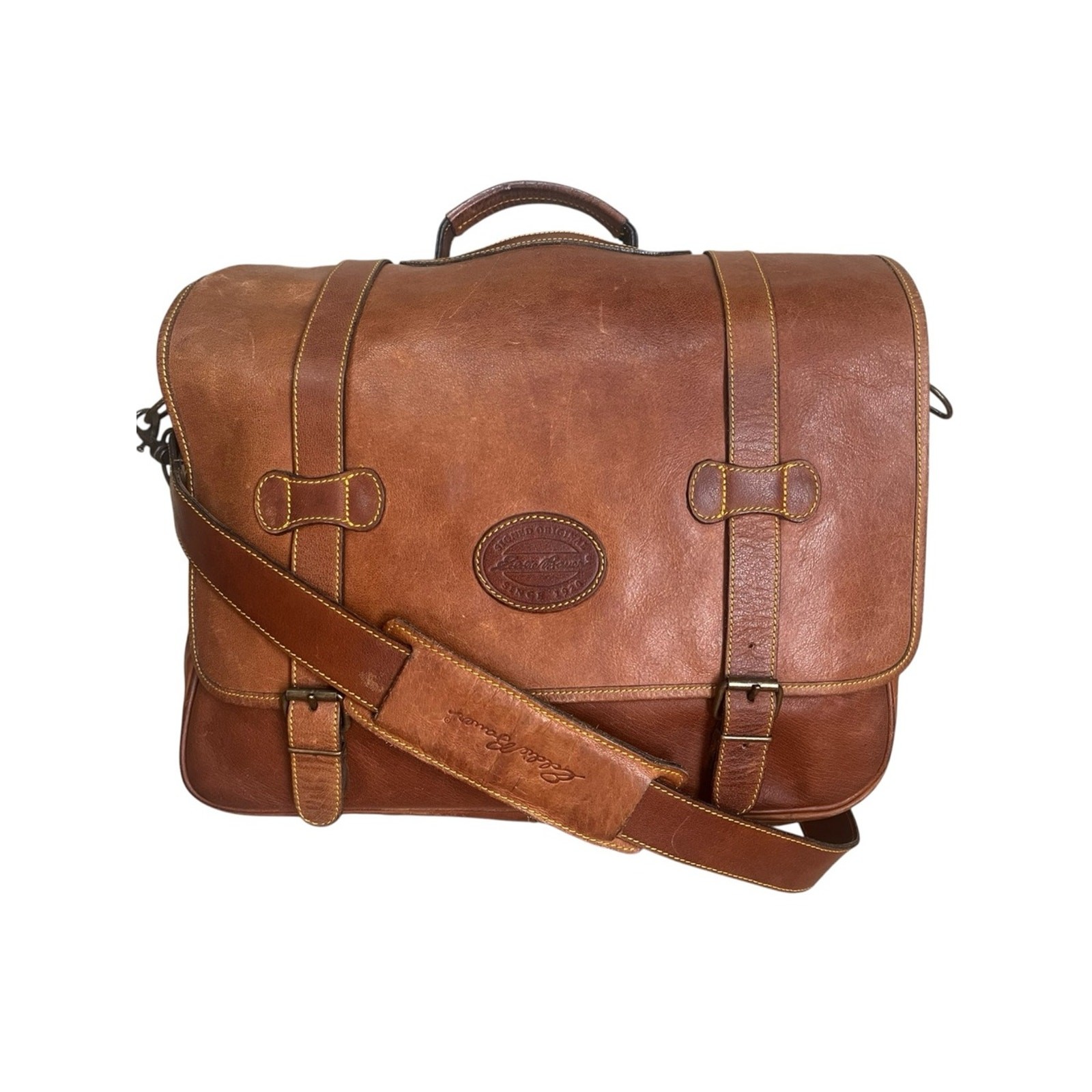 Vintage Eddie Bauer Leather Messenger Bag Briefcase Classic Timeless Preppy Tan