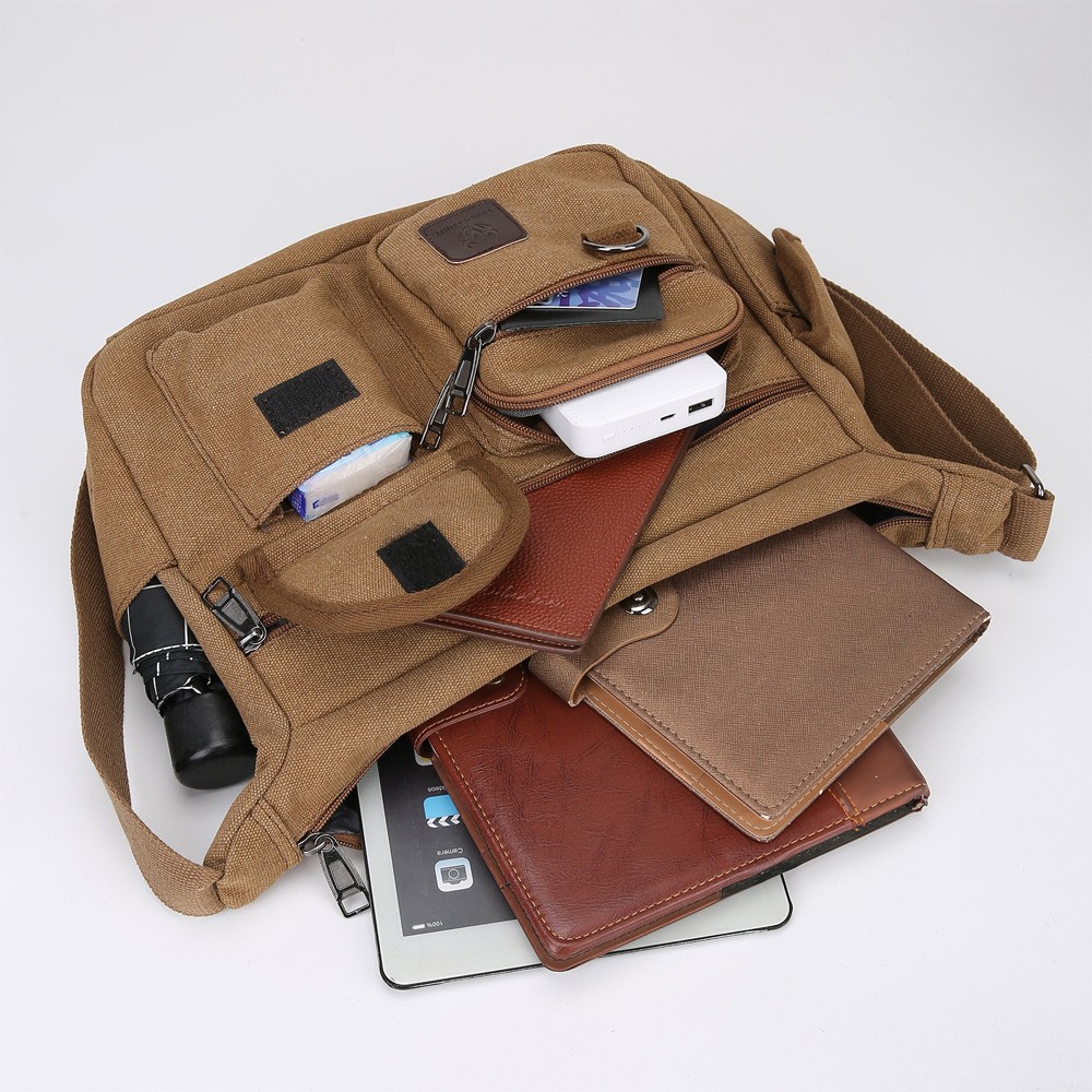Canvas Bag Mens Messenger Crossbody Shoulder Large Bag with Multiple Pockets M