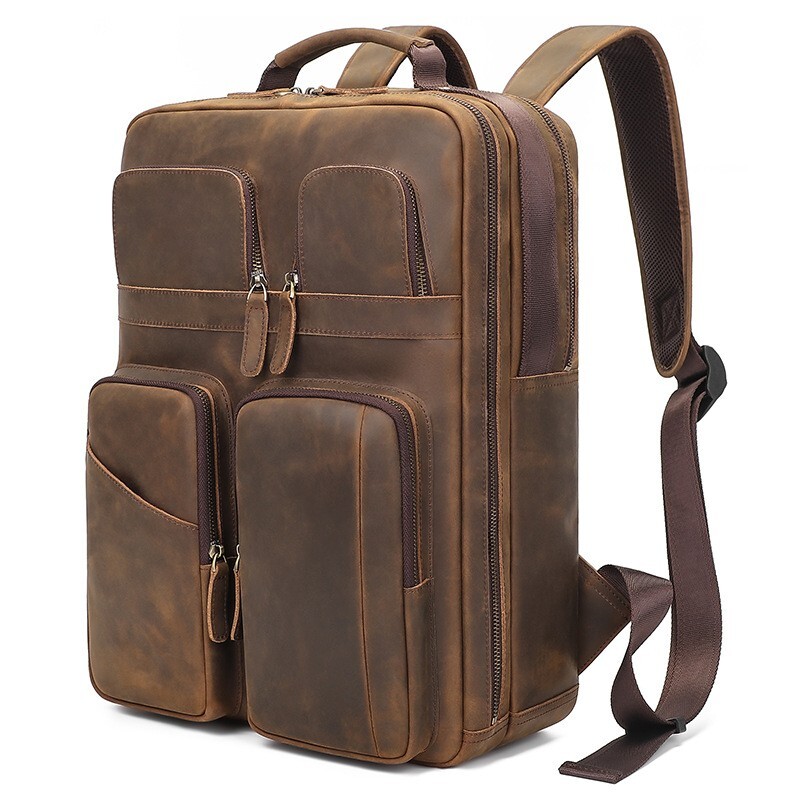 Men Vintage Leather Backpack Crazy Horse Leather 15.6” Laptop Travel Backpack