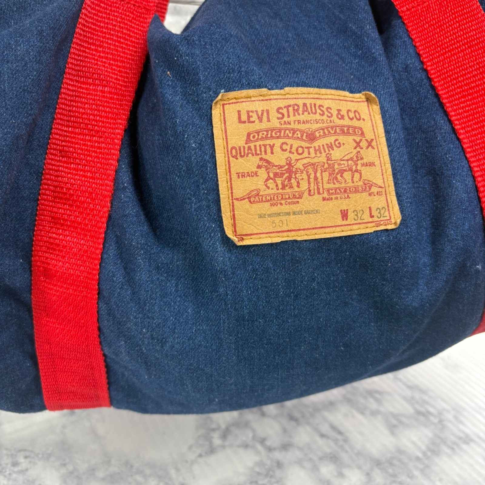 Rare Vtg 70s Levi Strauss 501 Jean Denim Duffel Carry Gym Travel Bag Red Patch