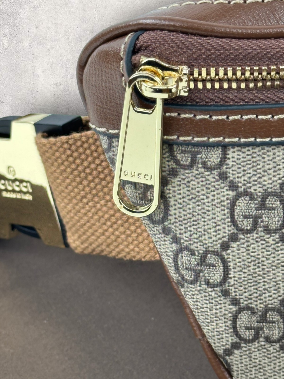 Gucci GG Monogram Interlocking G Canvas Leather Crossbody Belt Bag Beige 682933