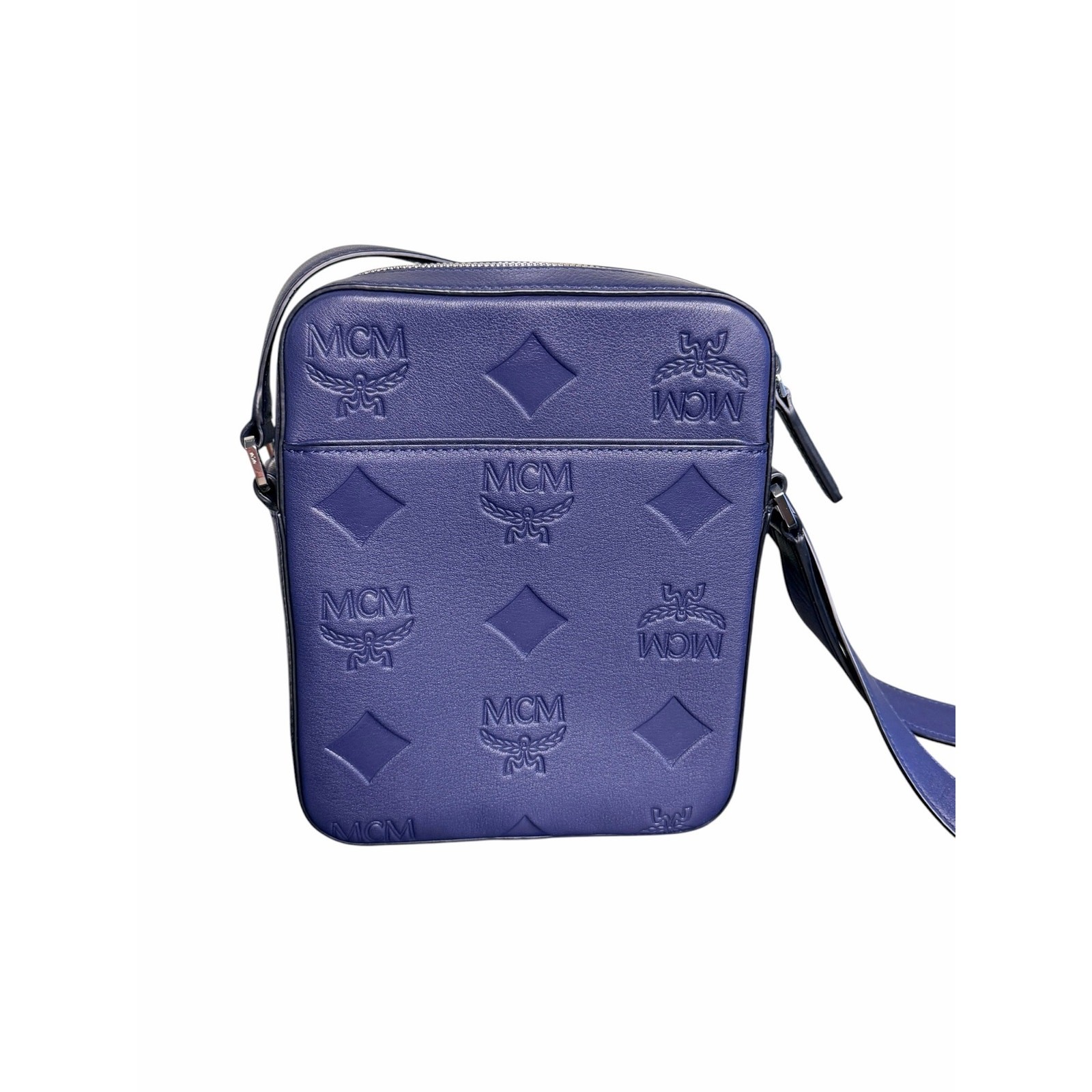 MCM NWT Klassik Monogram Embossed Leather Crossbody Bag in Navy Blue