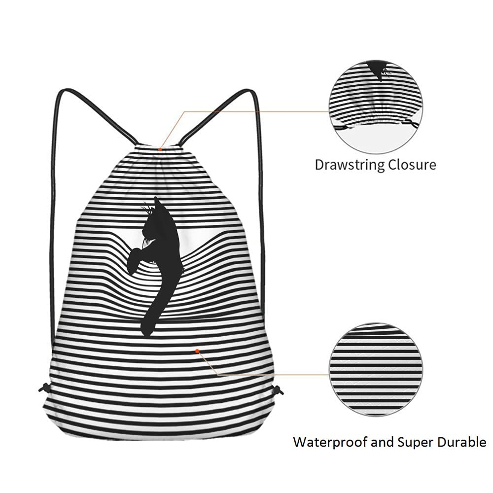 Black Cat Drawstring Bags Backpack Bag Animal Silhouette Black And White Stripes