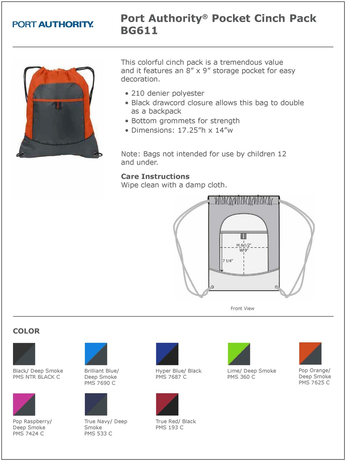 Port Authority Pocket Cinch Pack Drawstring Sport Gym Bag BG611