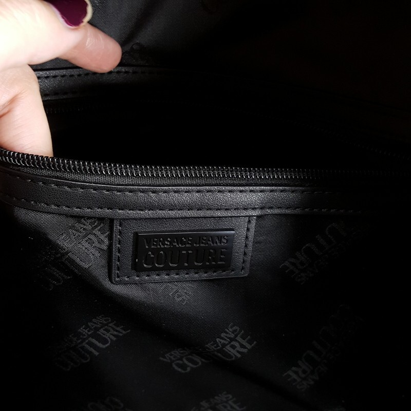 VERSACE COUTURE Backpack Black Nylon V Emblem Gold Logo Unisex $325