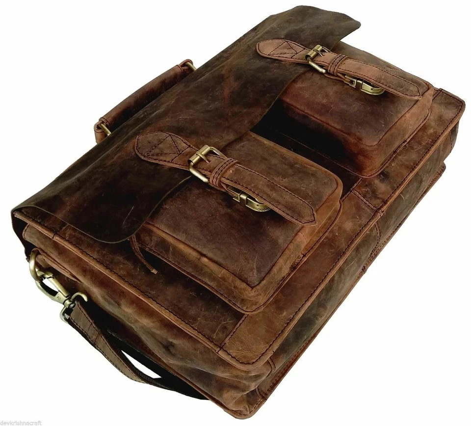 NEW Men’s Buffalo Leather Messenger Satchel Brown Briefcase Laptop Shoulder Bag
