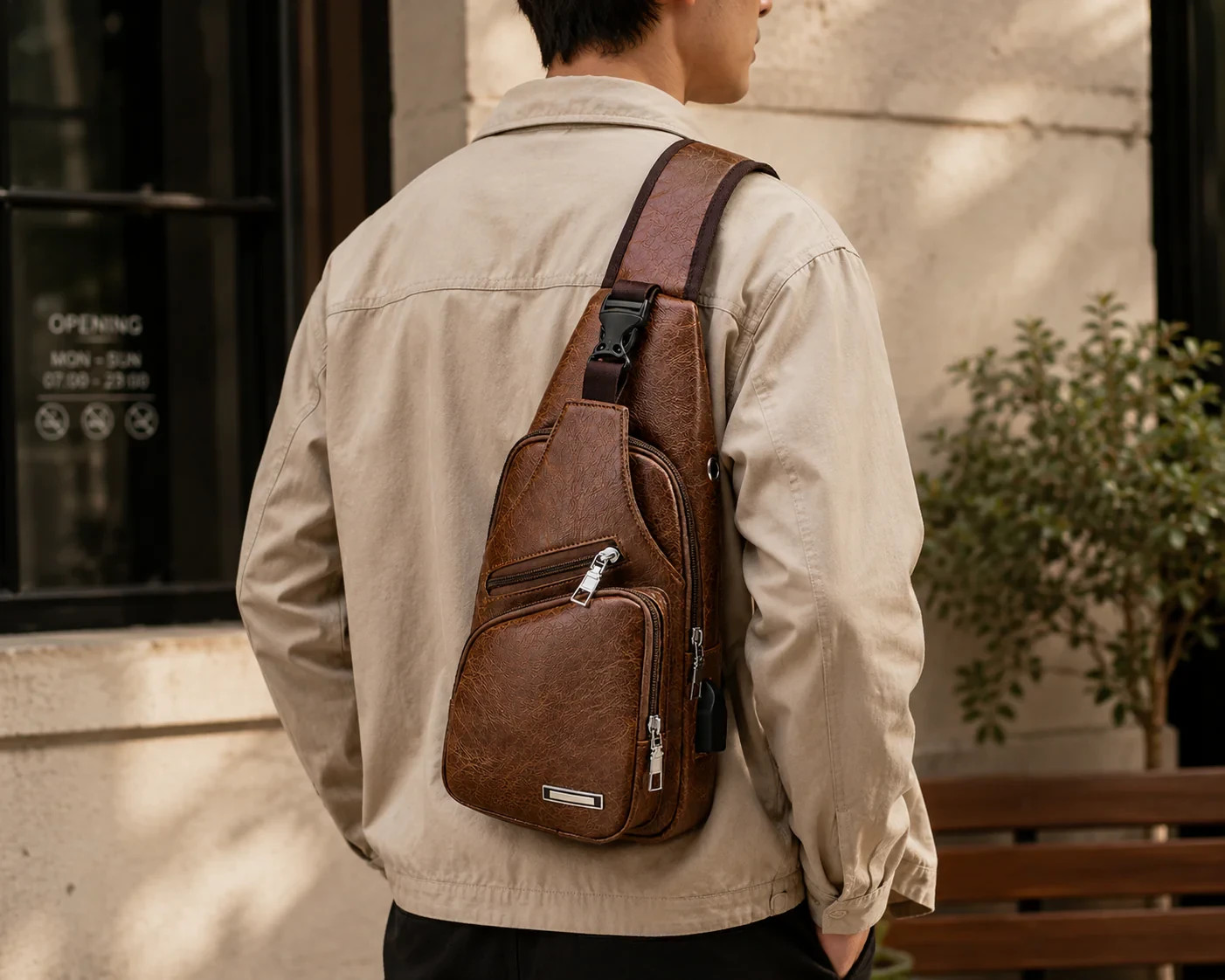Men’s Brown Sling Backpack Crossbody Chest Bag with USB Charging Port