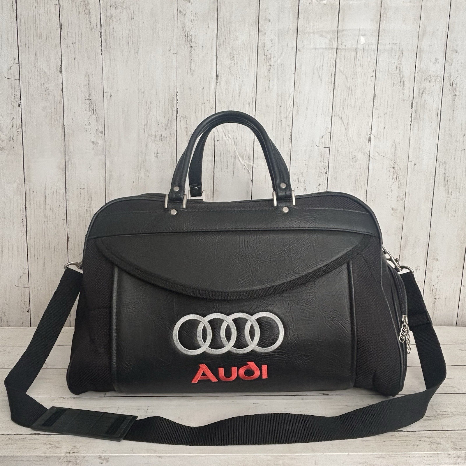 Audi Duffle Bag Black German Sports Car Travel Gym Bag Embroidered Logo Vintage