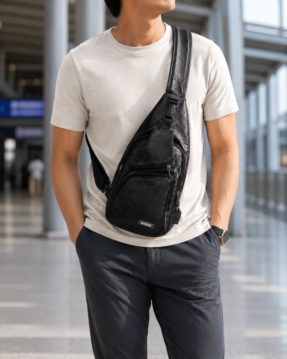 Men’s Black Sling Chest Crossbody Bag, USB Port, Water Resistant