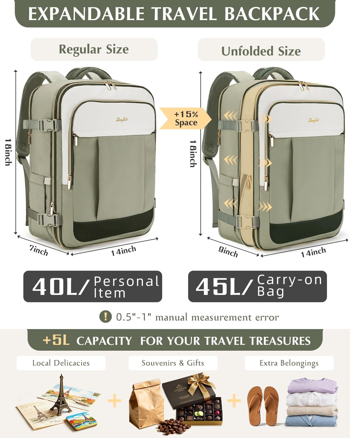 Travel Backpack for , 40L-45L Expandable Personal Travel Bag 18x14x8 with 3 P…