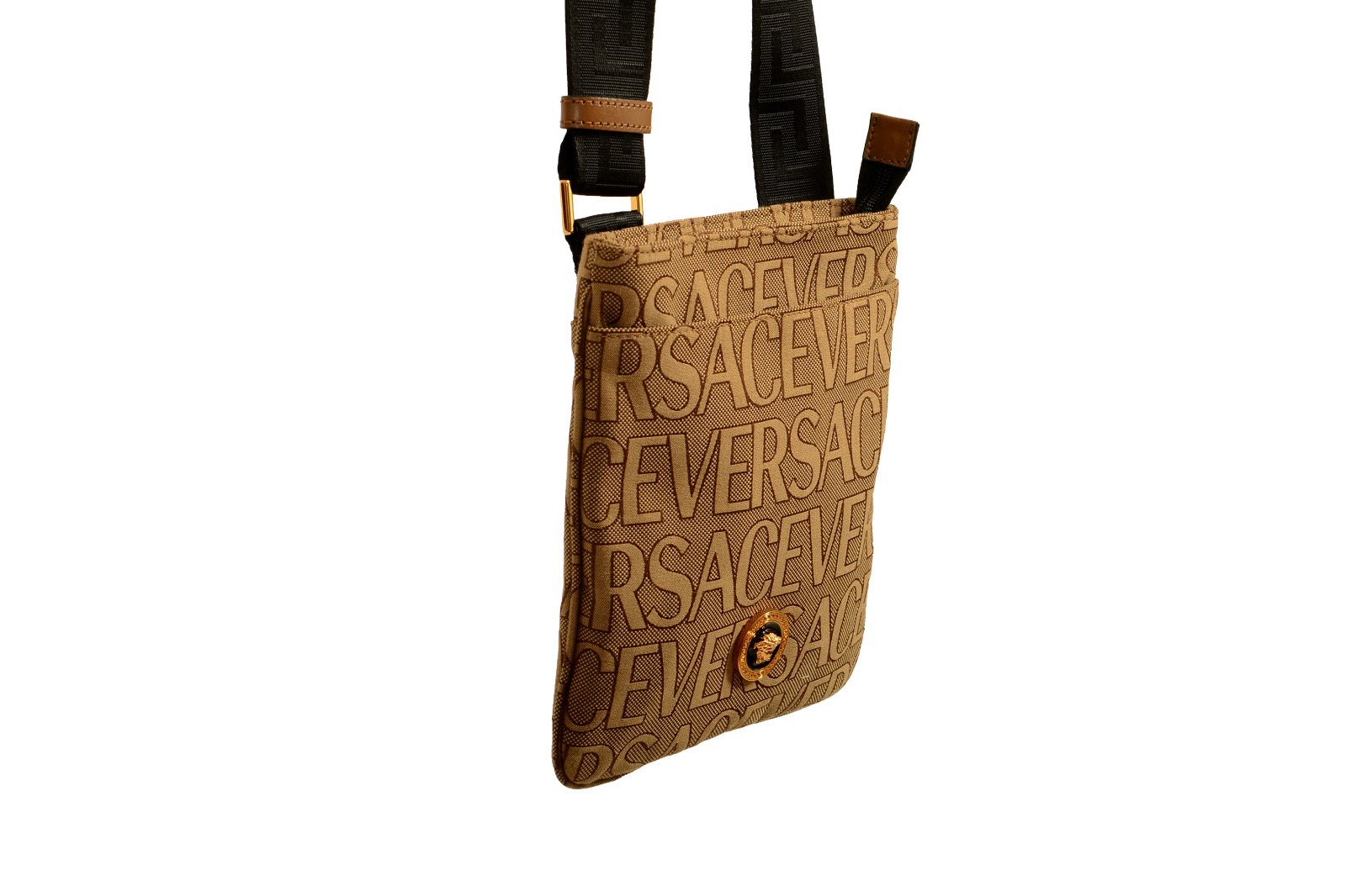 Versace Unisex Gold Medusa Logo Print Canvas Crossbody Shoulder Bag