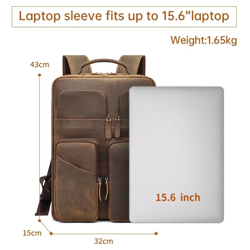 Men Vintage Leather Backpack Crazy Horse Leather 15.6” Laptop Travel Backpack