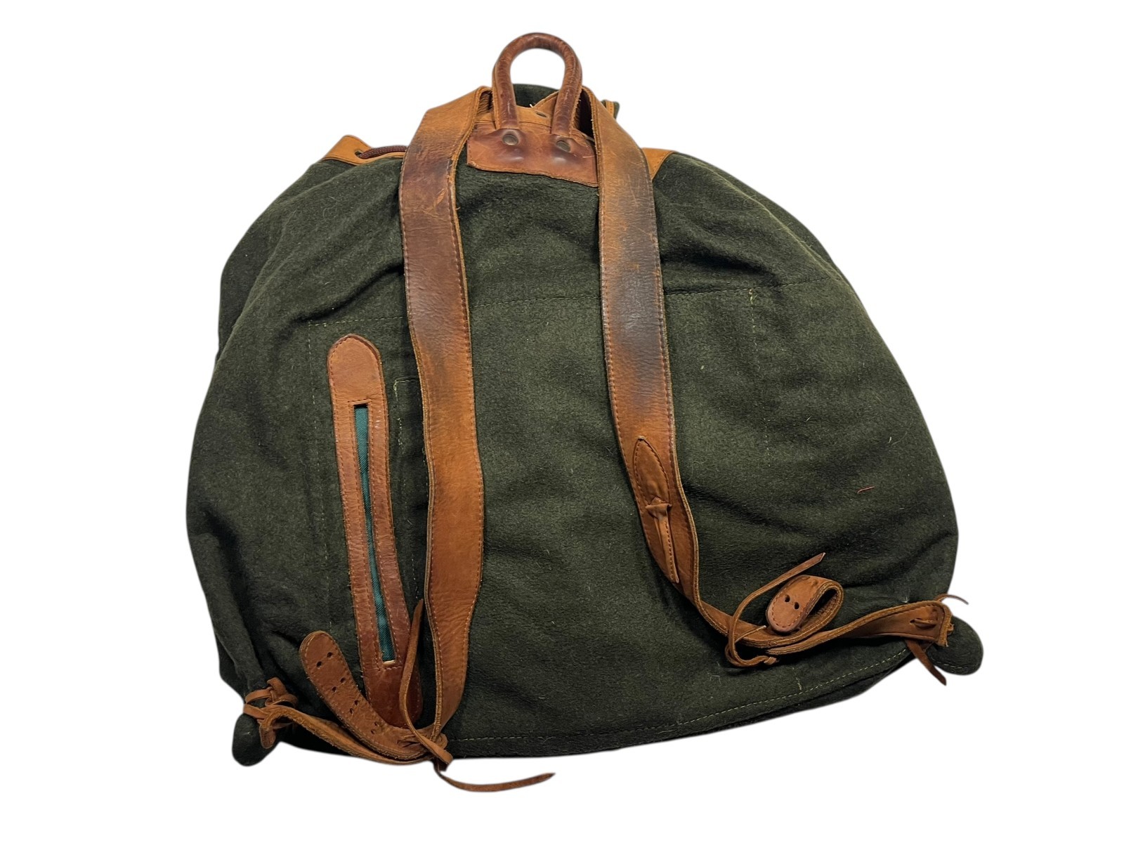 Vtg UNBRANDED Green/Brown BEAUTIFUL WOOL/LEATHER BACKPACK Travel Hike Gear Bag