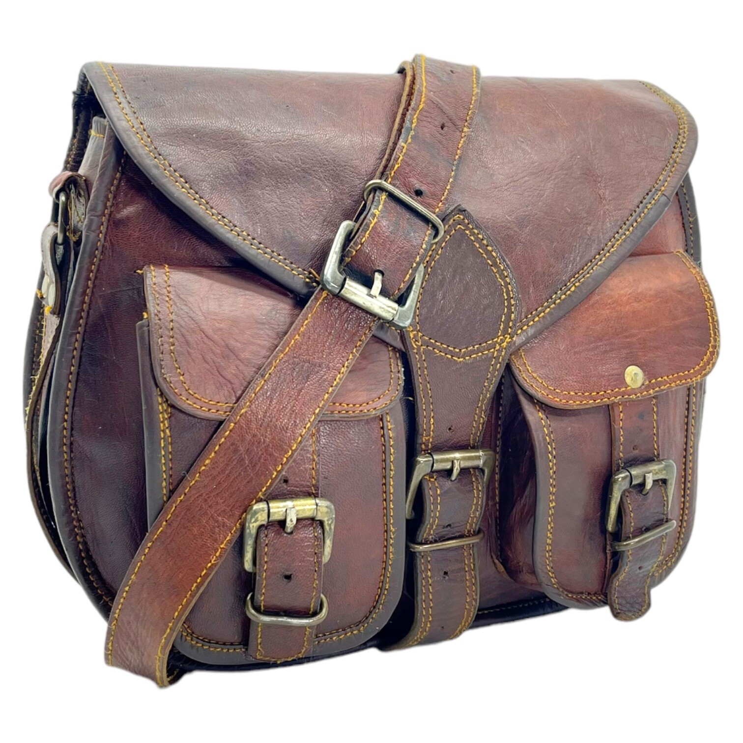 Vintage 70s Leather Crossbody Saddle Bag Messenger Bag Handmade USA BROWN