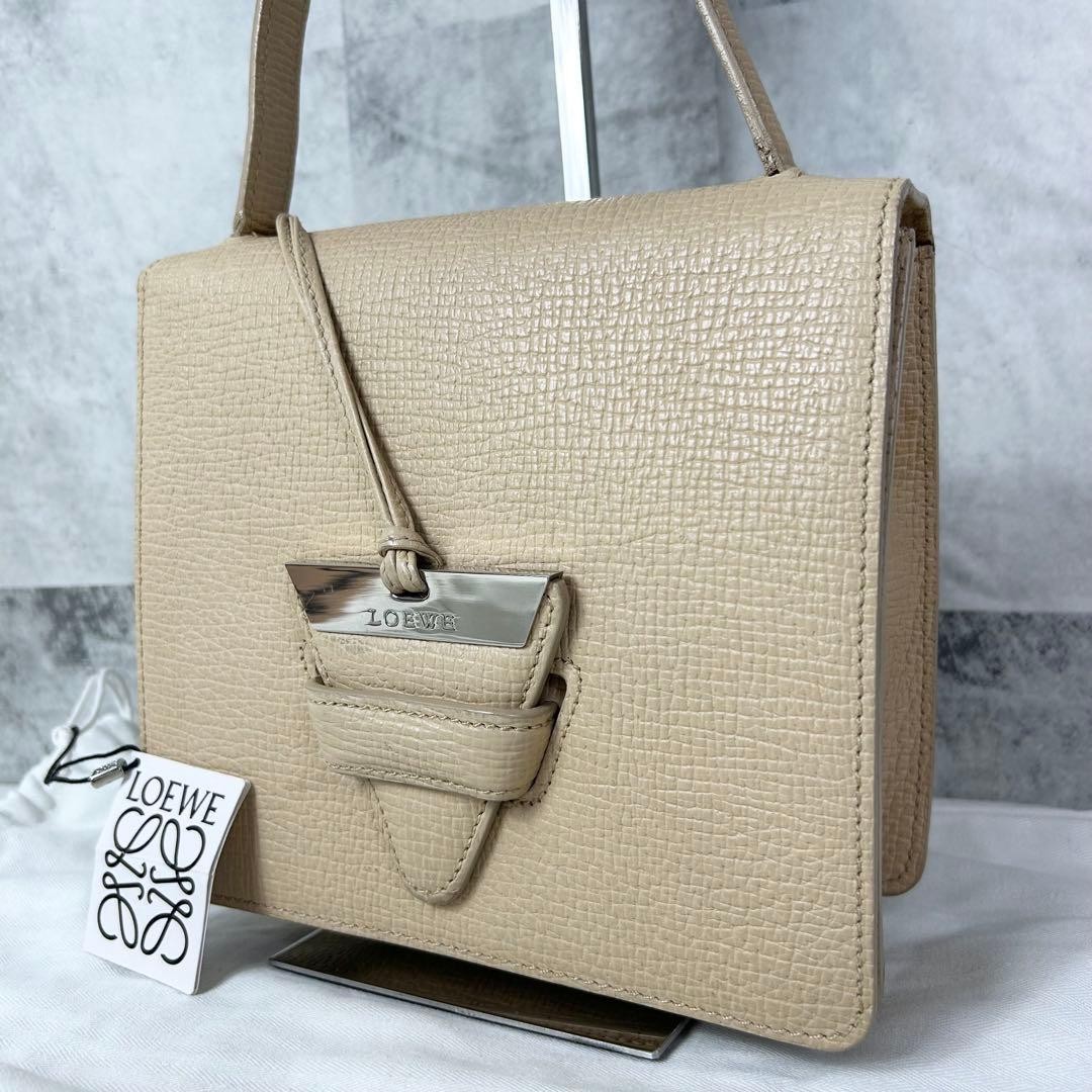 LOEWE Handbag Tote Barcelona Logo Embossed Silver Off-White 24×24.5-28×6.5cm