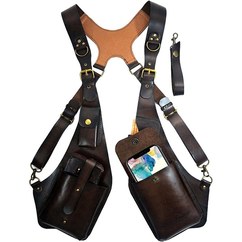 Men Steampunk Shoulder Harness Bag Adjustable PU Leather Chest Holster Black