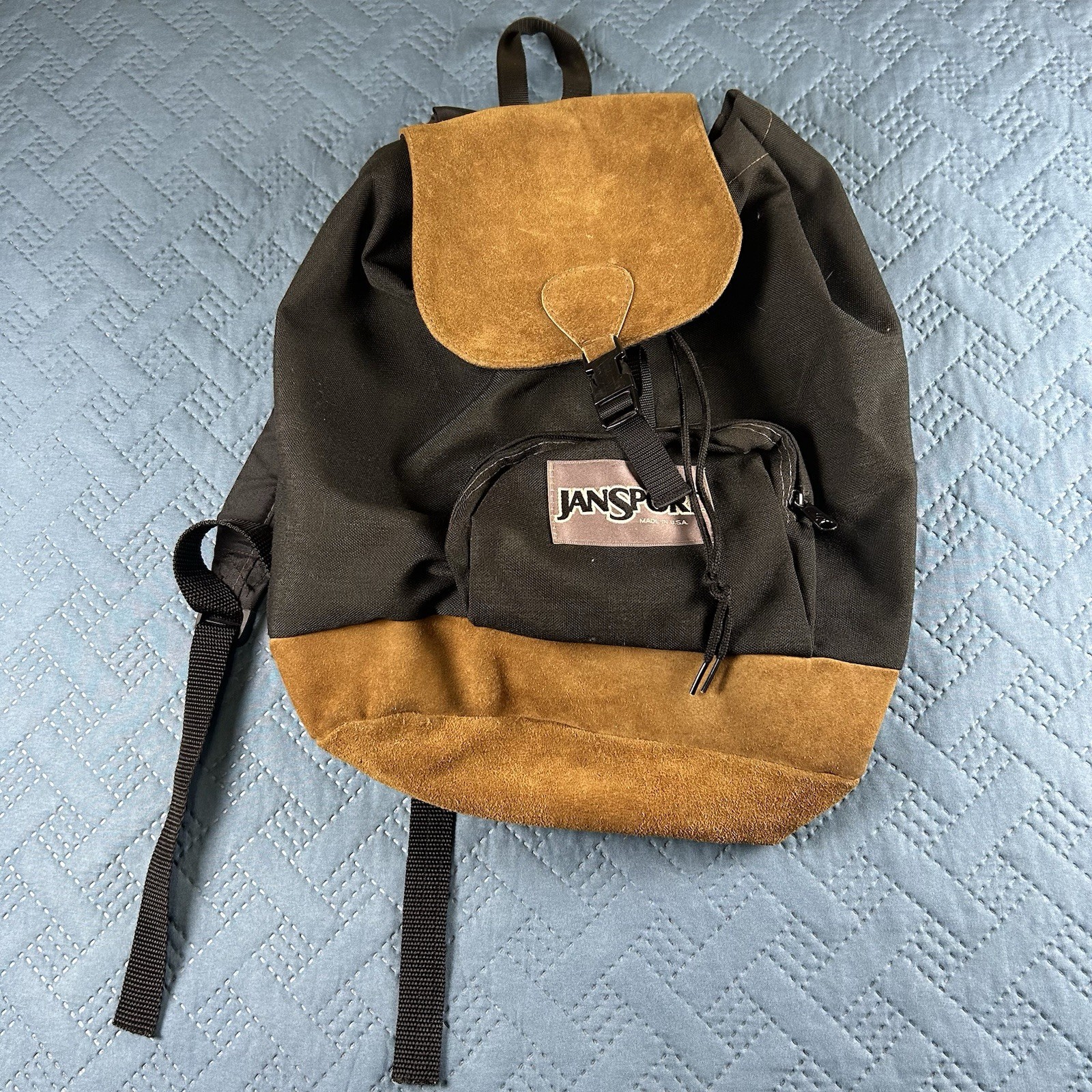 Vintage Jansport Leather Bottom Backpack Cinch Day Pack Suede 1990s USA Retro