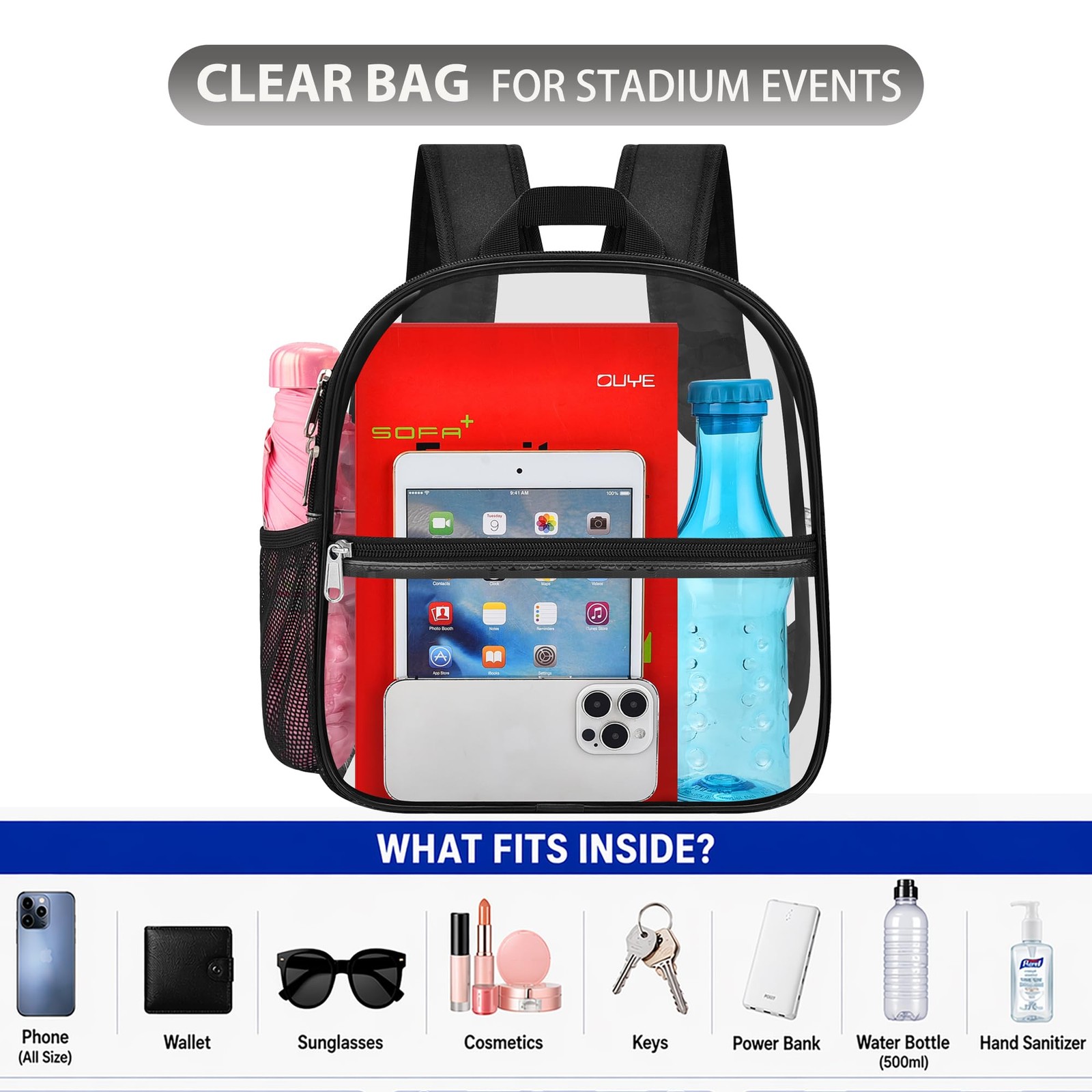 Clear Backpack Stadium Approved, Clear Bag 12 x 6 x 11 in, Small Transparent …