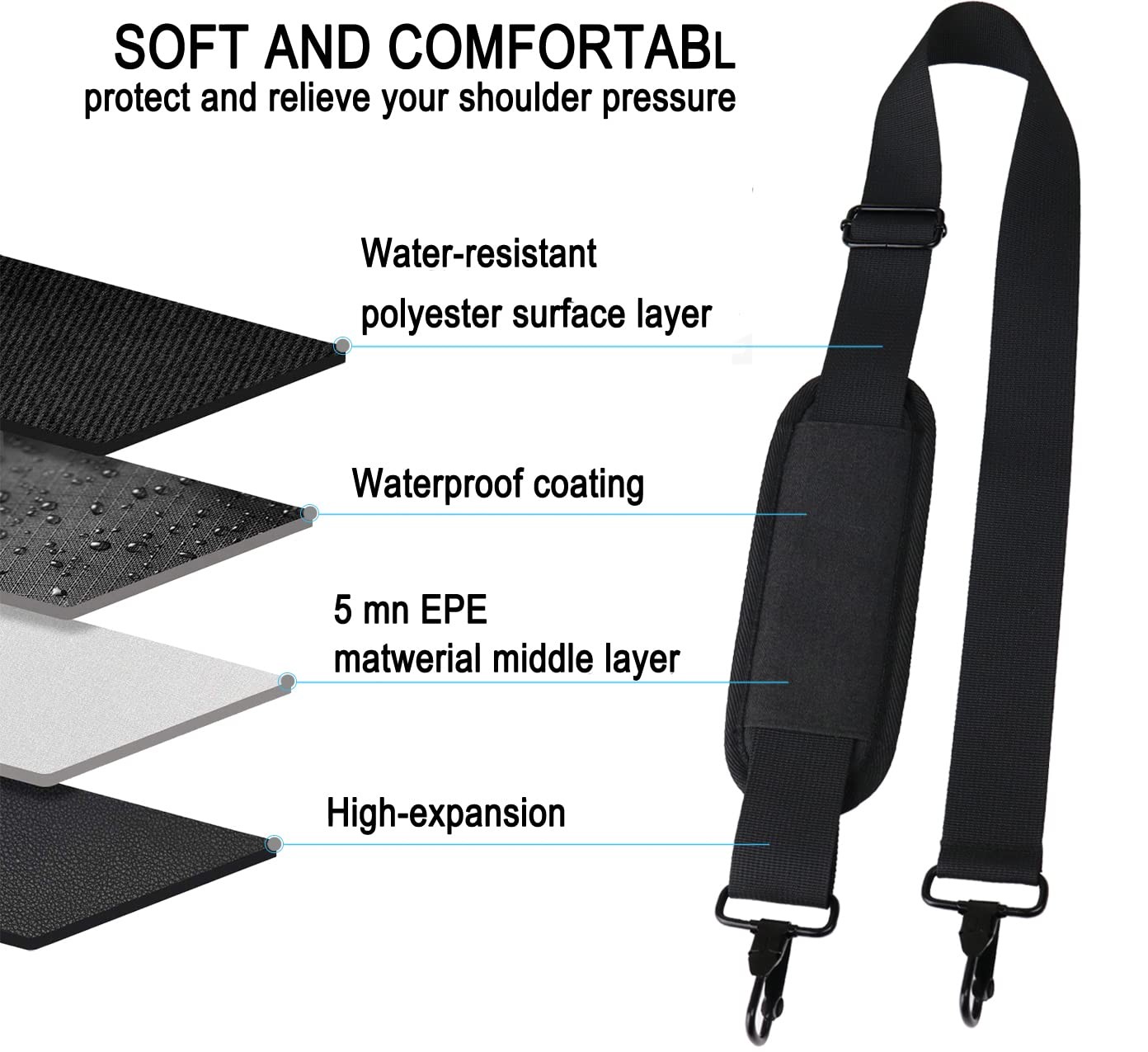 56 Inch Adjustable Shoulder Bag Strap Luggage Duffel Bag Strap with Metal Hook