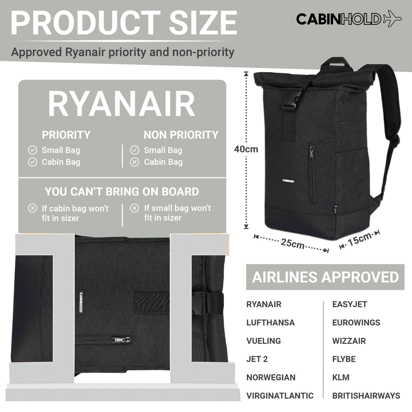 Ryanair Backpack 40x25x15cm CABINHOLD® Amsterdam 20L Carry On RPET