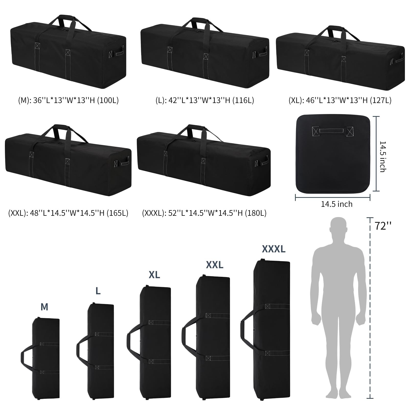52-Inch 180L Black Extra Large Heavy Duty Duffle Bag for Travel Camping
