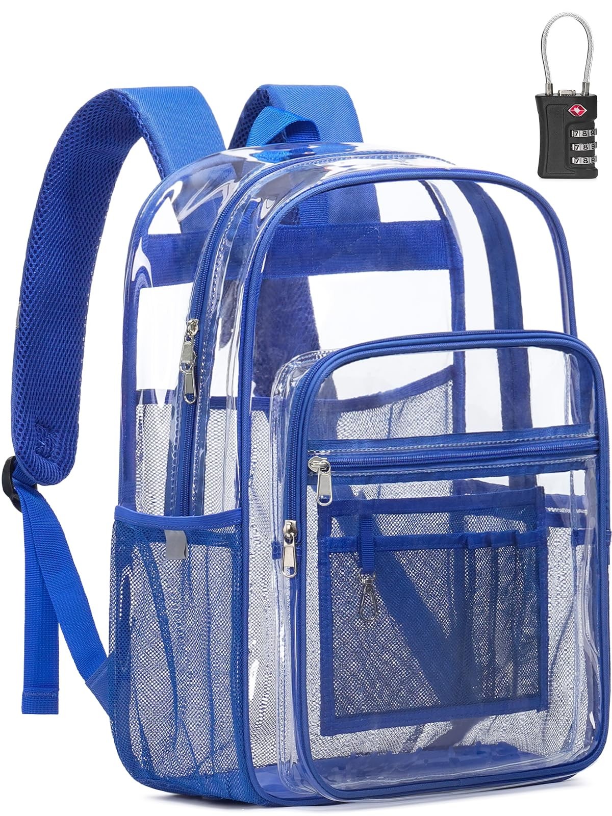 Blue Clear Backpack Heavy Duty TSA Lock 18 Inch Transparent See Through