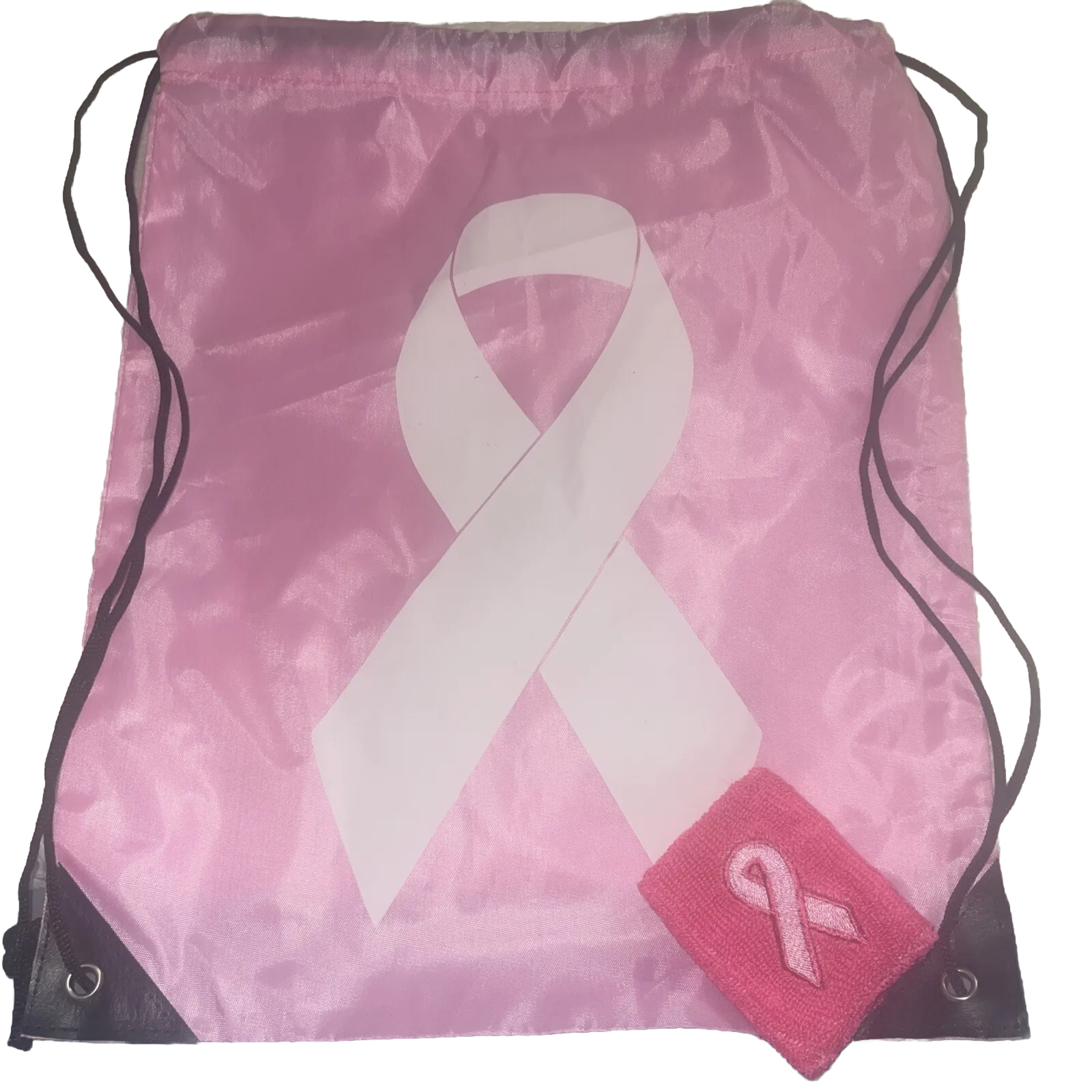 NEW! Hot Pink Breast Cancer Awareness String Backpack Bag & Wristband Sweat Band