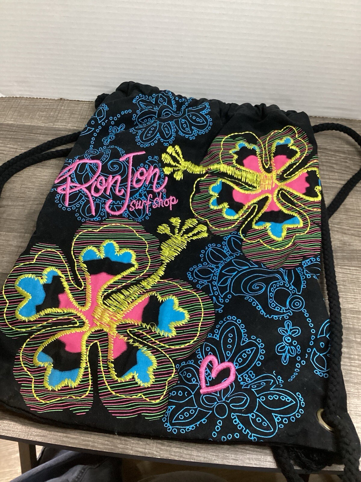 Ron Jon Surf Shop Canvas Cinch Sak- Black With Neon Floral Embroidered
