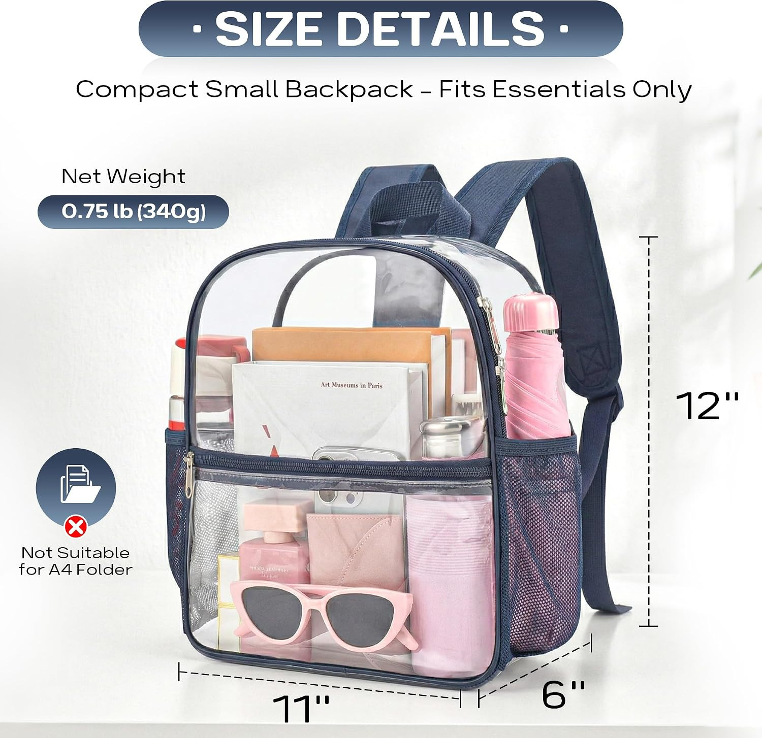 Clear Backpack Stadium Approved, 12 X 6 X 11 In, Small Transparent Backpack for