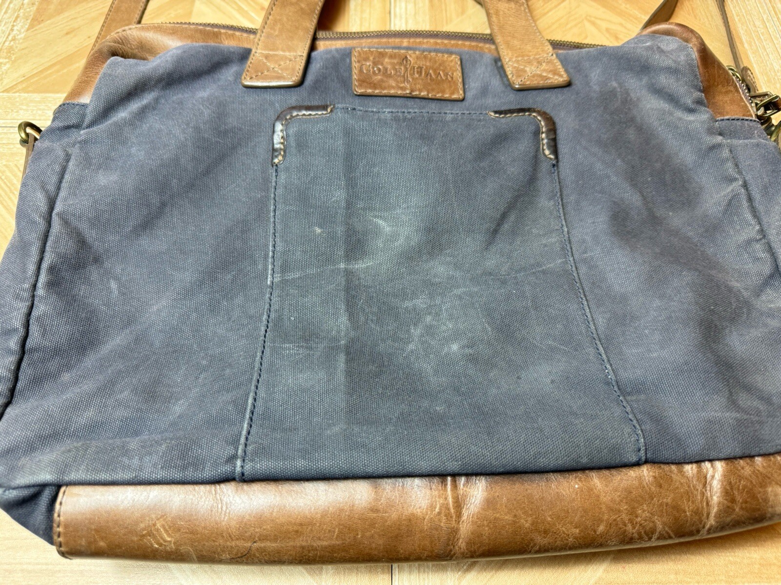 Cole Haan Navy Blue Large Travel Or Day Canvas With Leather Trim Duffle Handbag