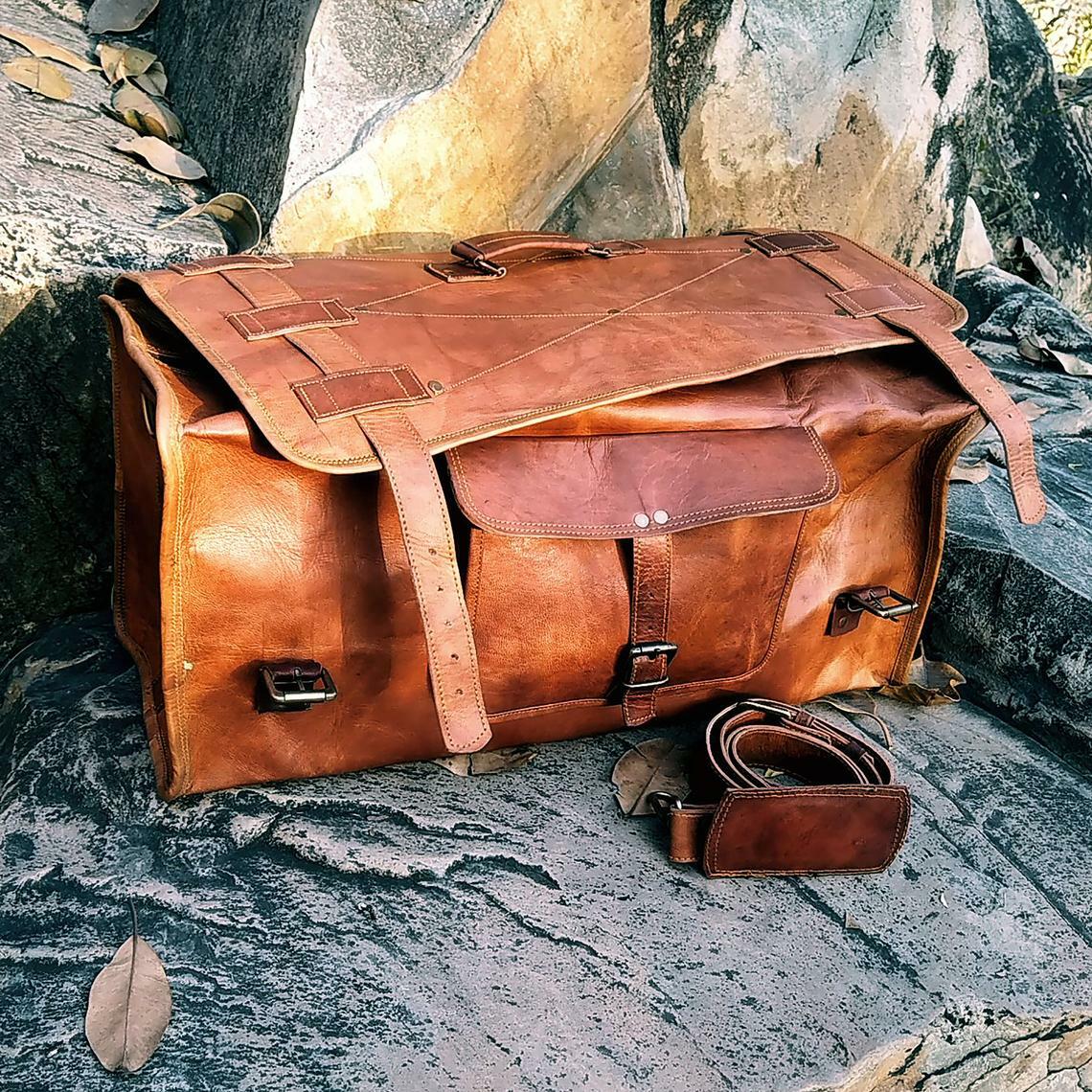 Men Handmade Vintage Brown Leather Luggage Weekender Overnight Travel Duffel Bag