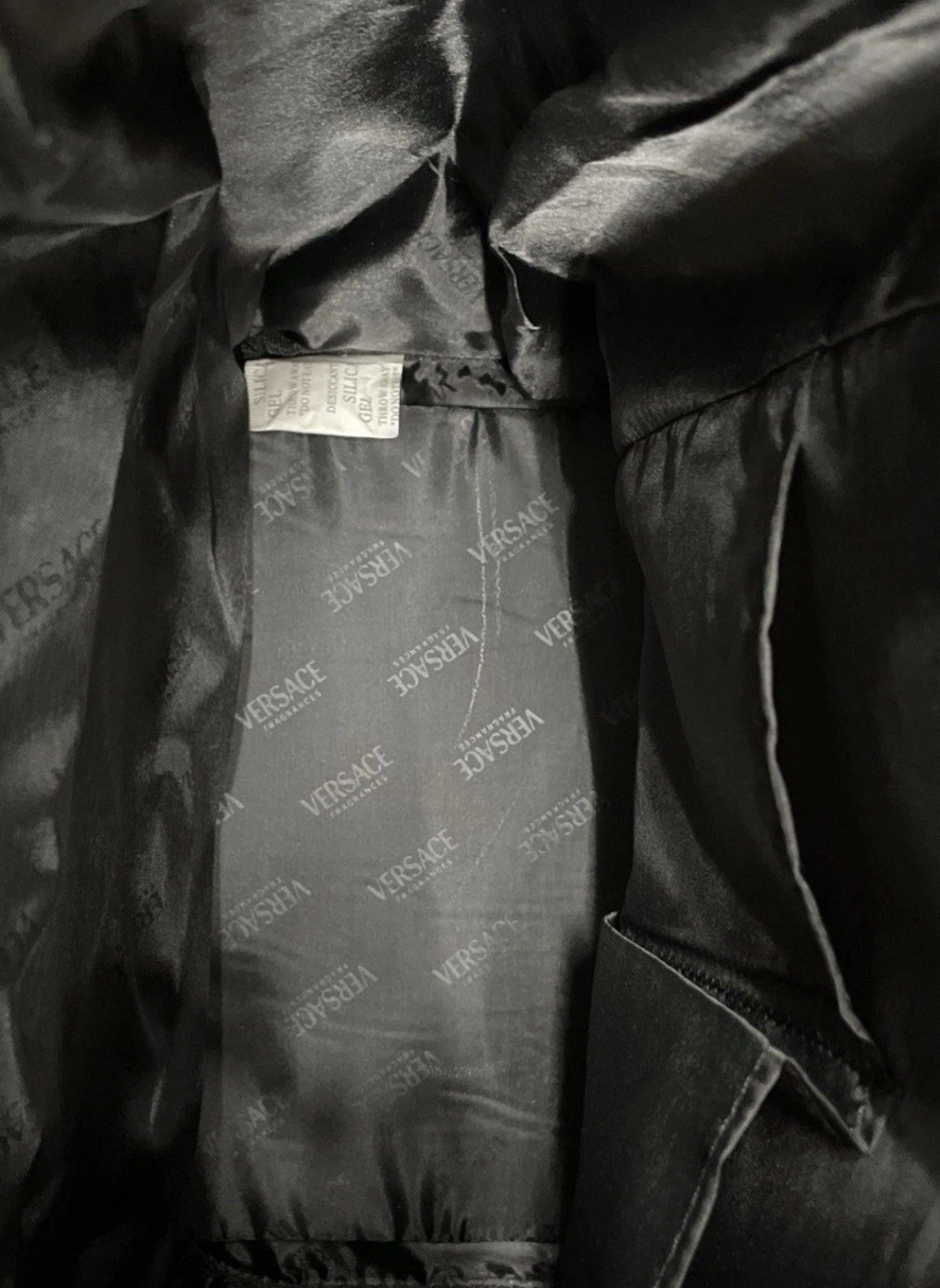 Versace Parfums Black Drawstring Backpack w/ Front Zip Pocket, Zip Closure