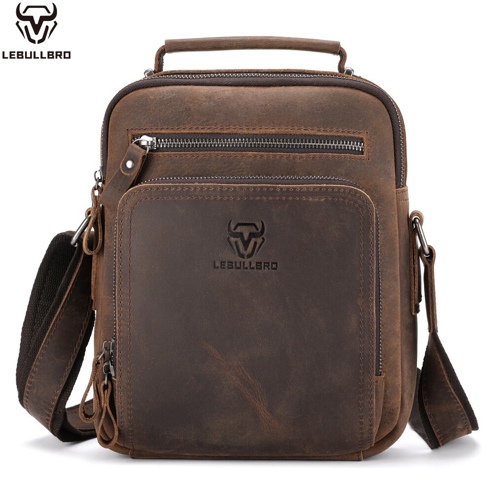 LEBULLBRO Men’s Leather Sling Shoulder Bag Crazy Horse Cowhide Crossbody Bag M