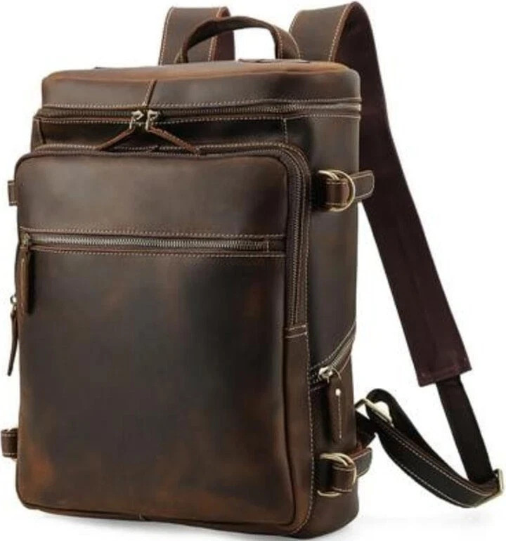 Leather 17in Travel Backpack for Men Vintage Rucksack Office Business Laptop Bag