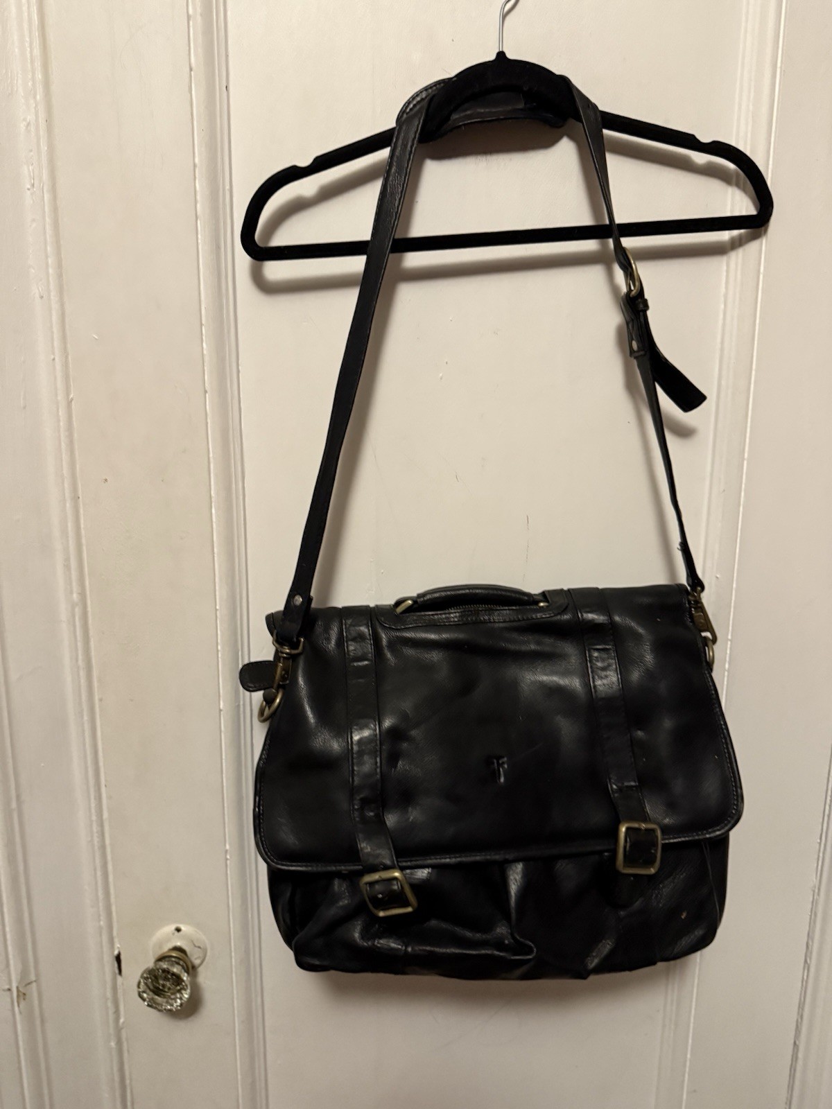 Unisex FRYE Black Leather Satchel Logan Case Organizer Zip Compartments
