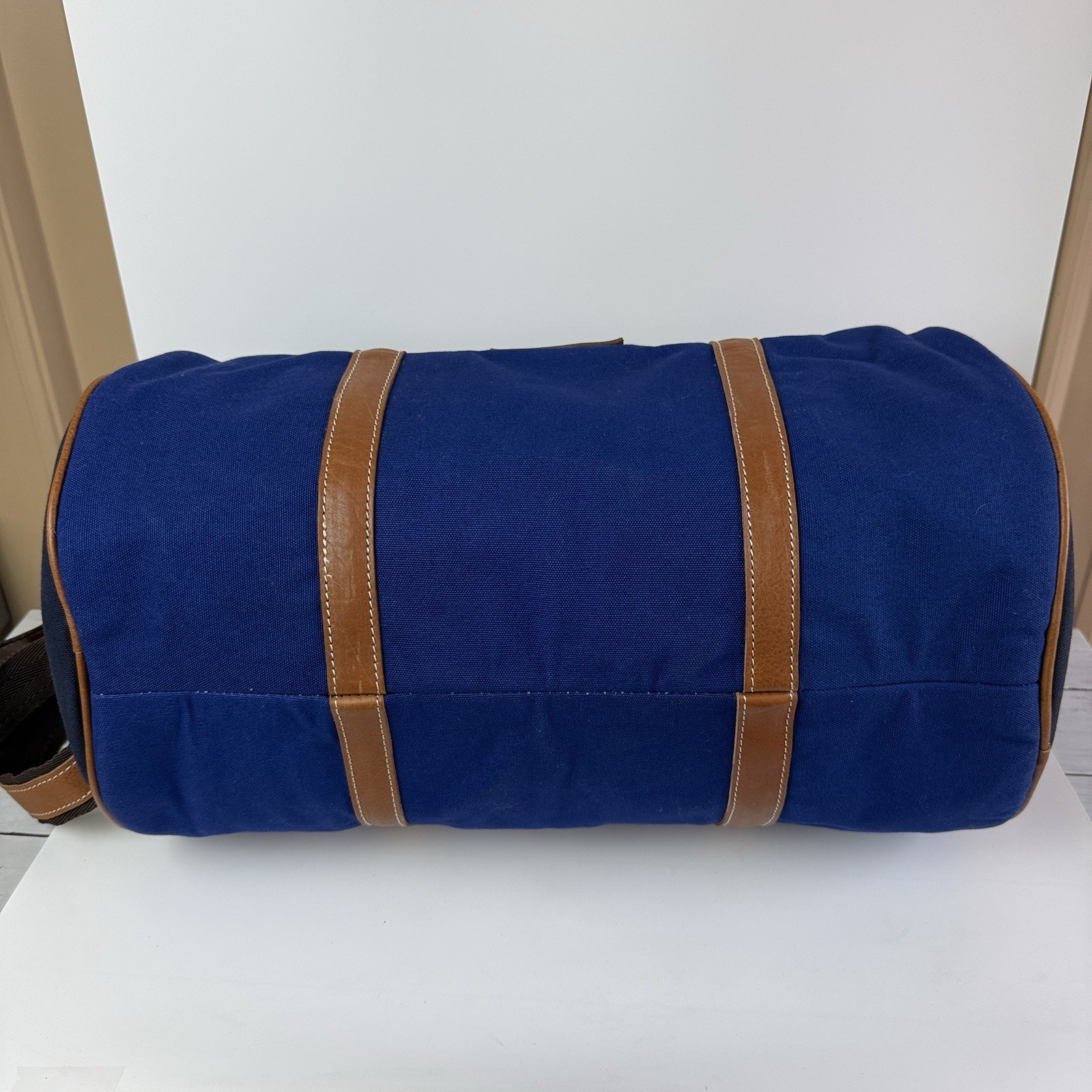 F.H. Wadsworth NYC Blue Matron Fabric Brown Leather Trim Zip Duffle Bag New