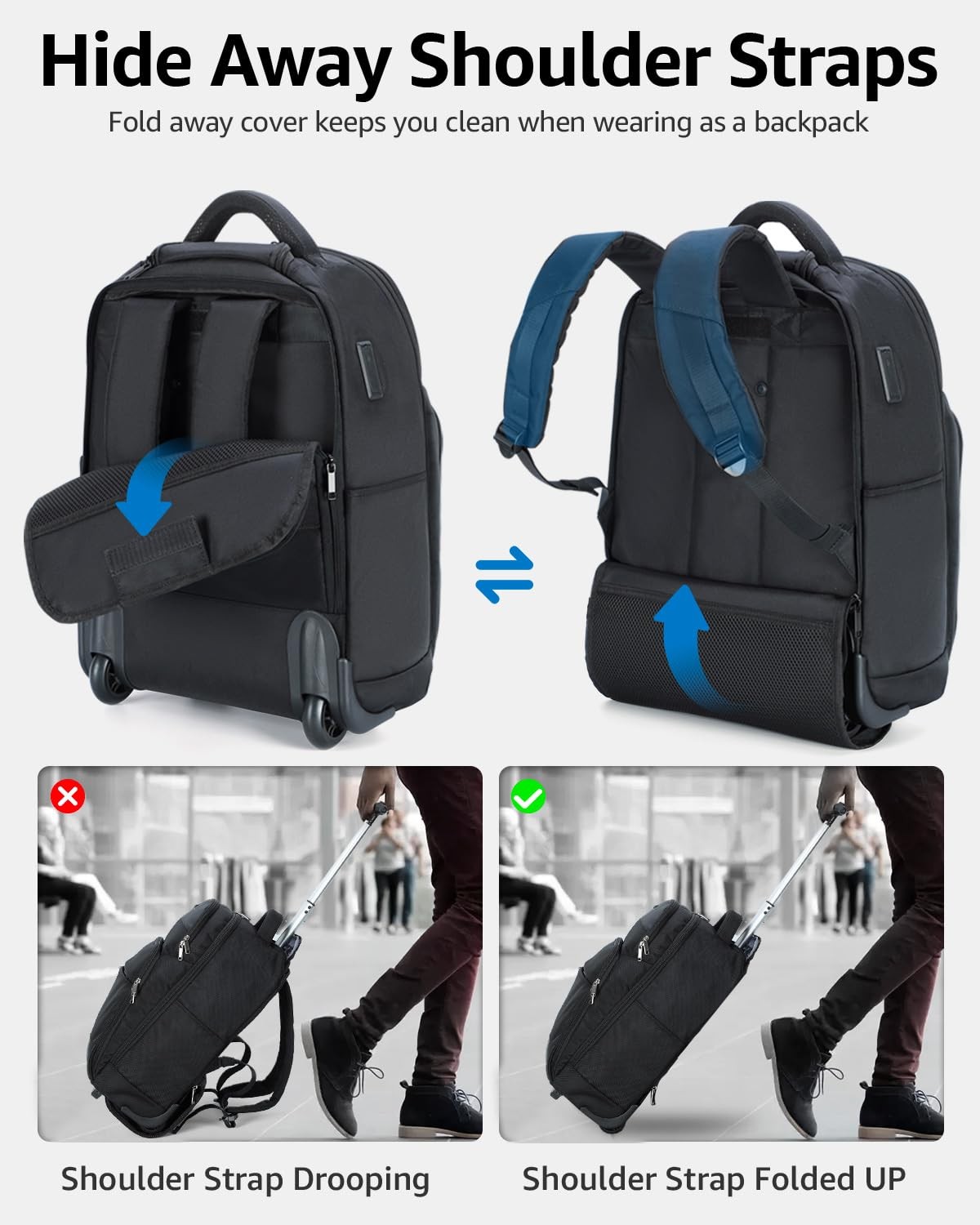 Rolling Backpack, 30L Travel Laptop Backpack with Wheels, 15.6 Inch Roller Ca…