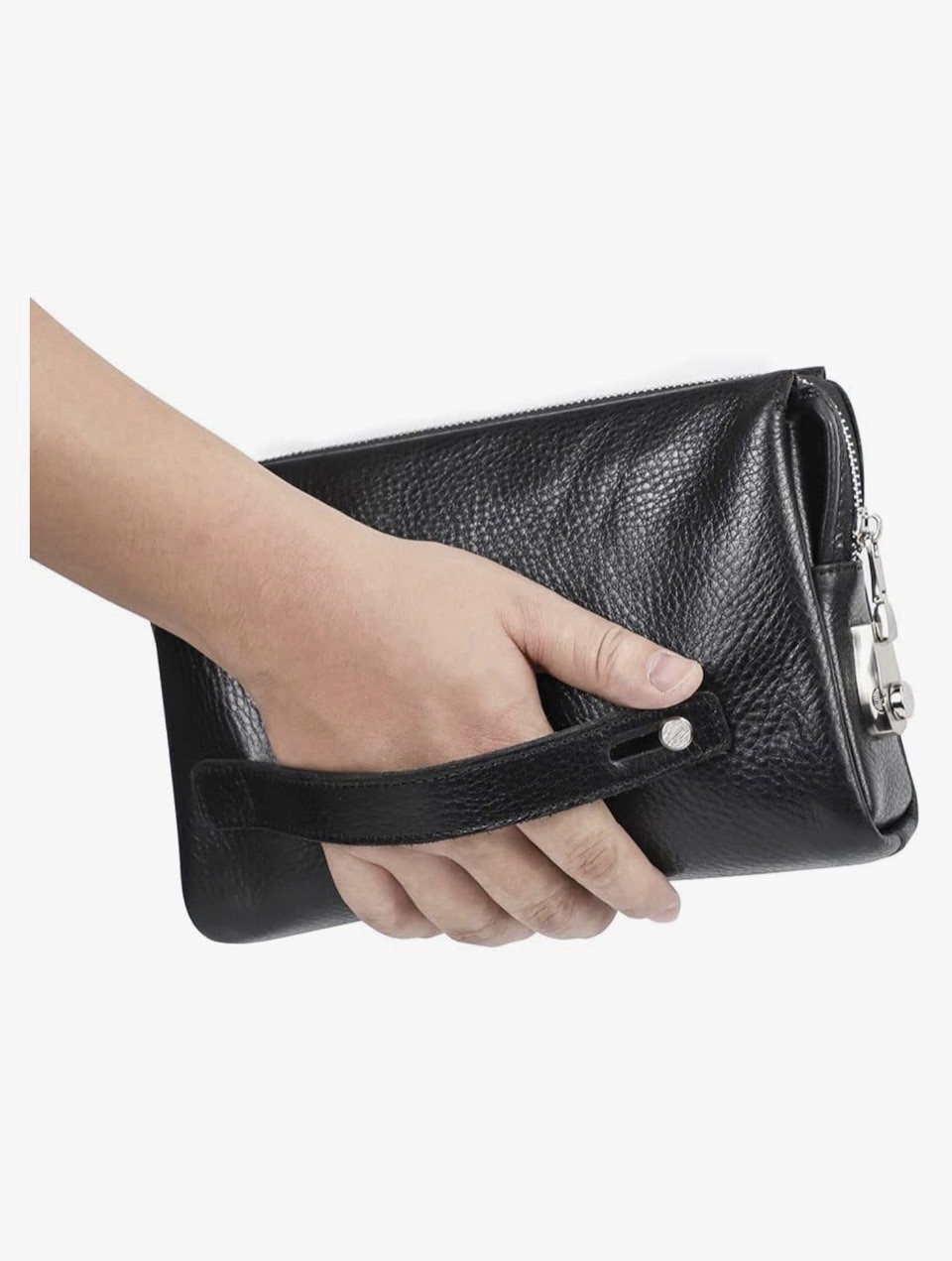black leather clutch from CONTACTS features a combination lock for security.