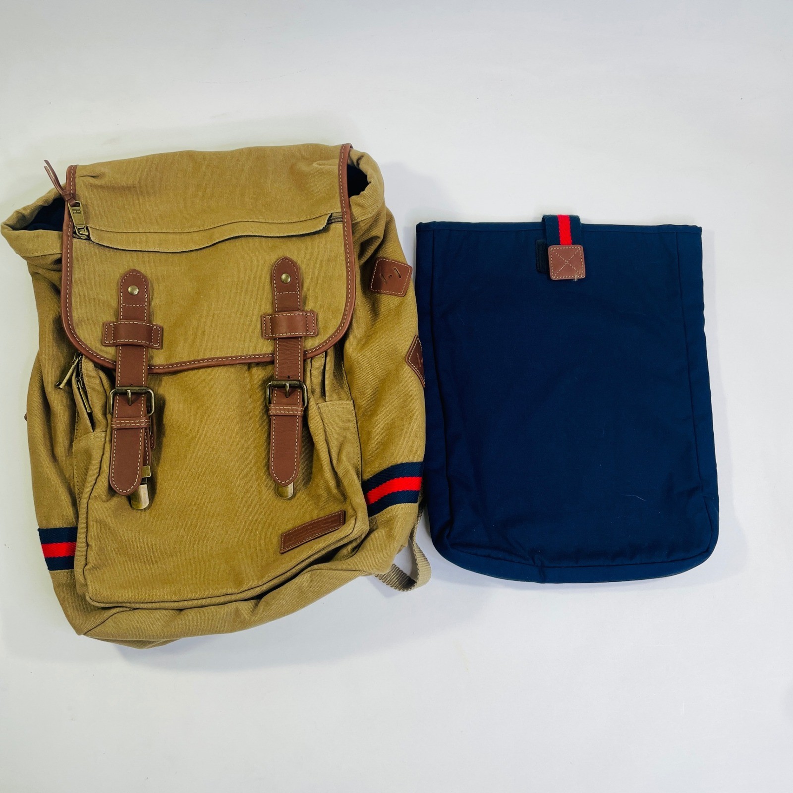 Tommy Hilfiger Canvas Rucksack Backpack Khaki Tan Brown Leather Trim Laptop Bag