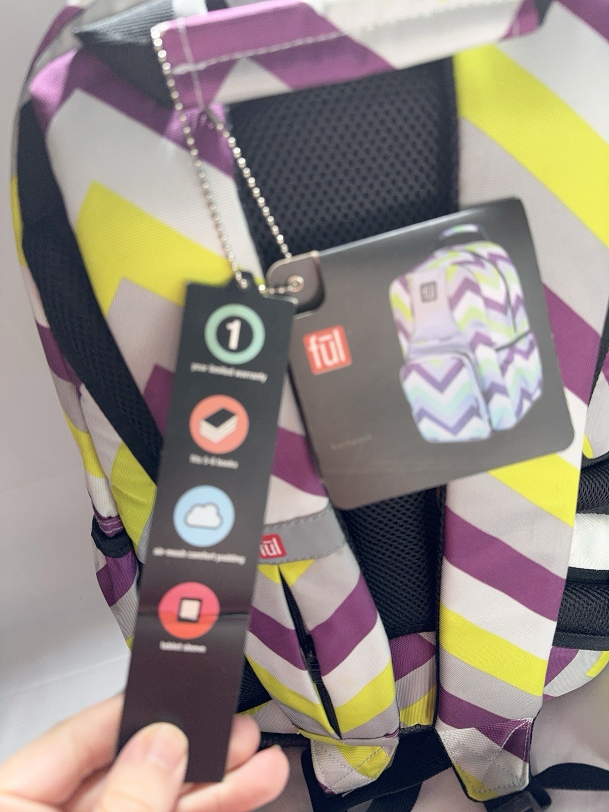 Ful Padded Travel Backpack Lightweight 18 Inch Gray Purple Yellow NWT