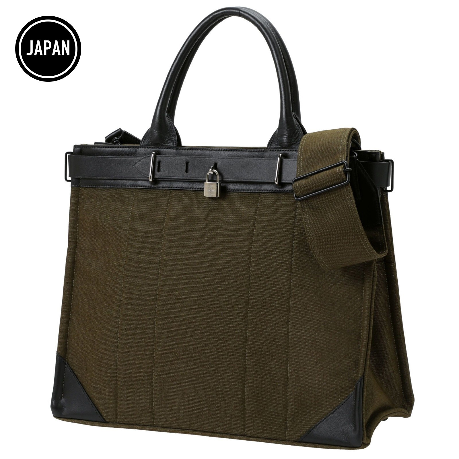 PORTER FORK 2WAY TOTE Shoulder BAG Handbag L Olive Padlock Leather Japan New