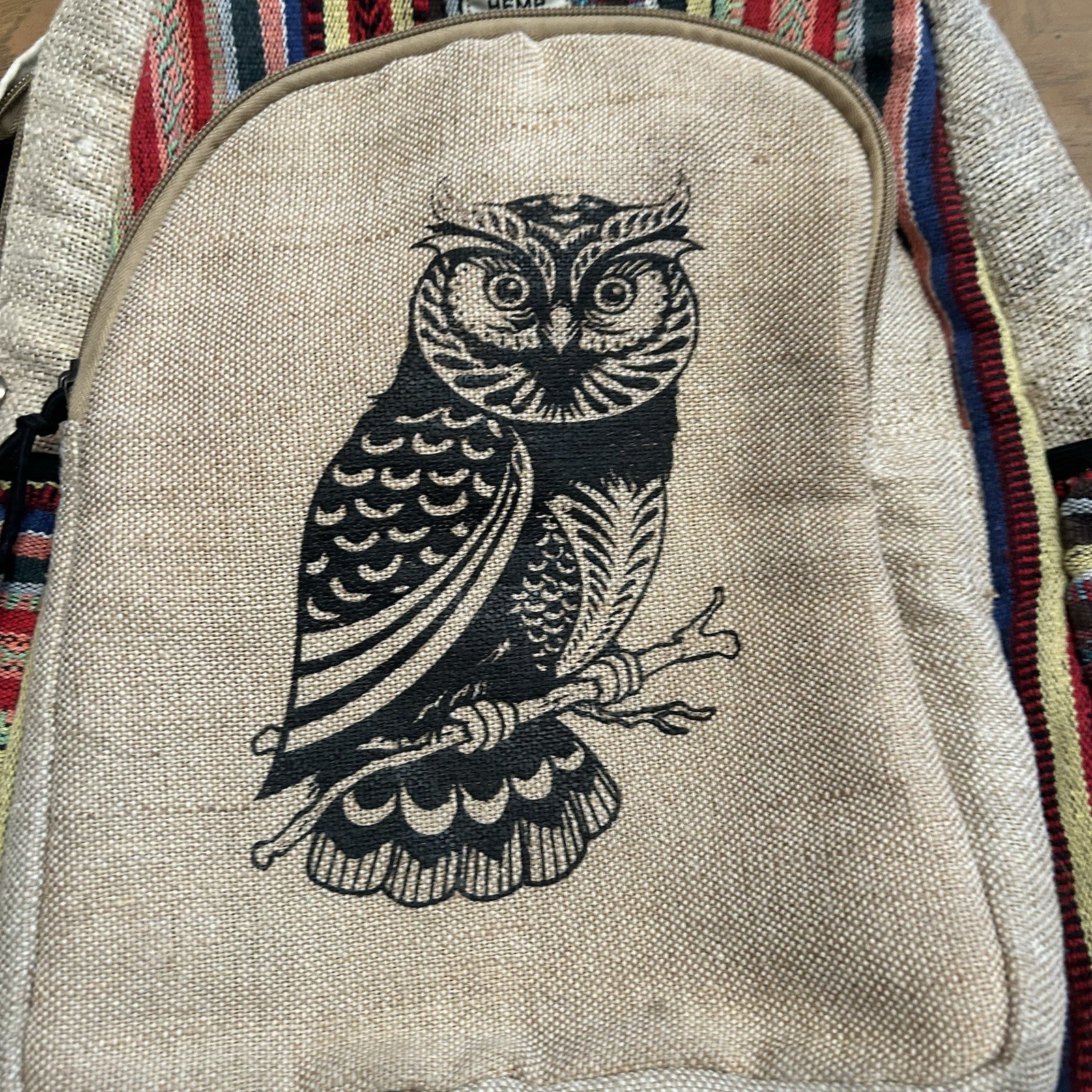 Himalayan Hemp THC Free Handmade Backpack Unisex Owl Multi Colors Boho Hippie