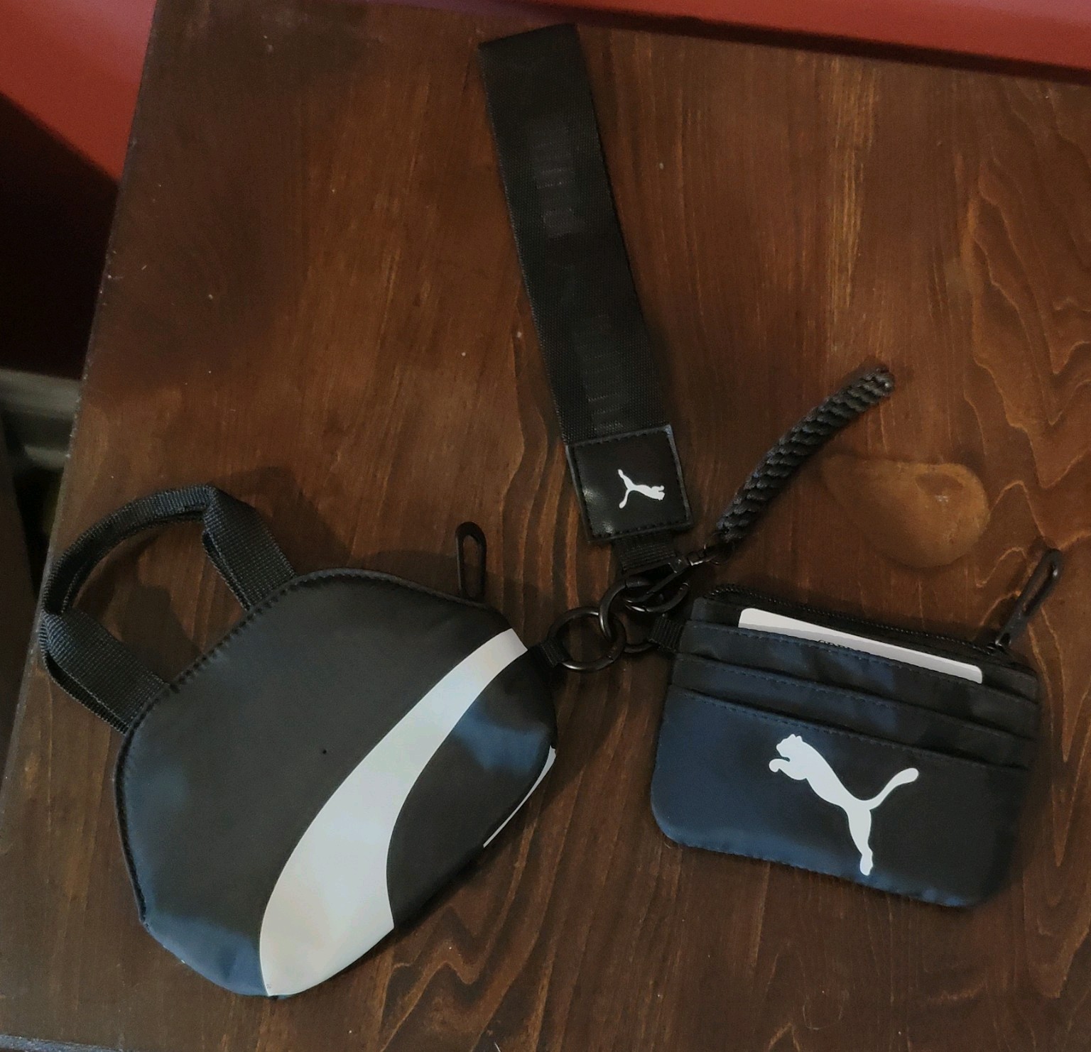 PUMA 4 Piece Set Black Zip Pouch, Card Holder Wrist Strap, lanyard keychain