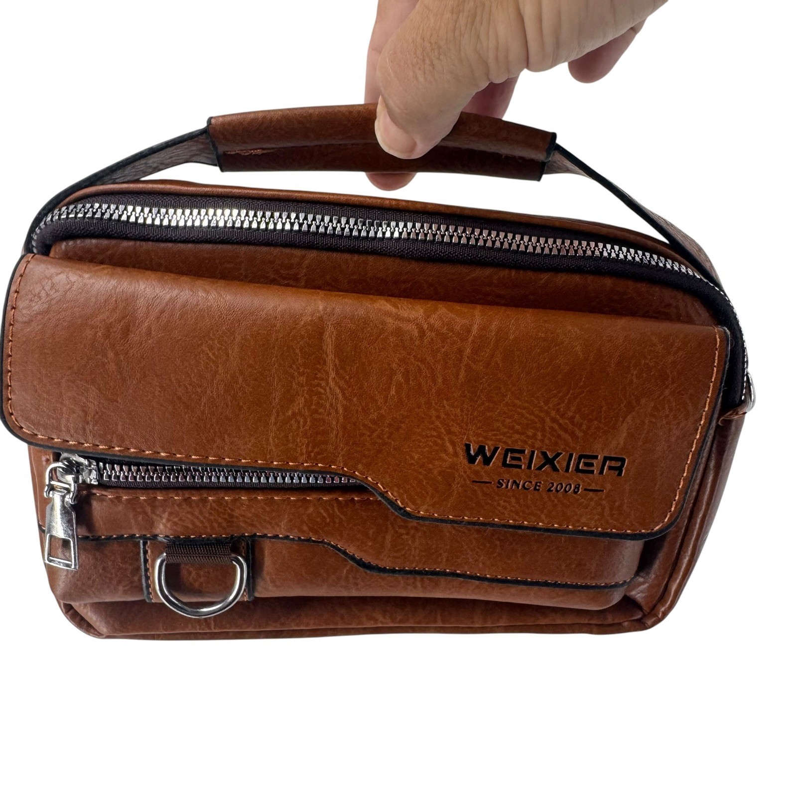 WEIXIER Brown Faux Leather Multi-Pocket Crossbody Messenger Bag with Top Handle