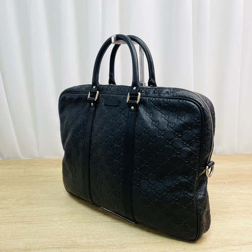 Gucci Signature Leather Briefcase Black GG Embossed Calfskin Top 2WAY Auth Good